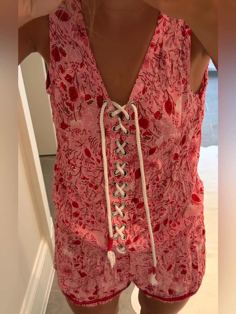 Poupette St. Barth Pink and Red Lace-Up Floral Cover up